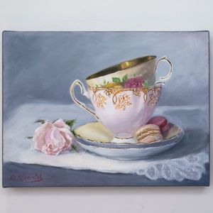 Oil painting still life "Two cups , macaroons and rose" 11" x 16"